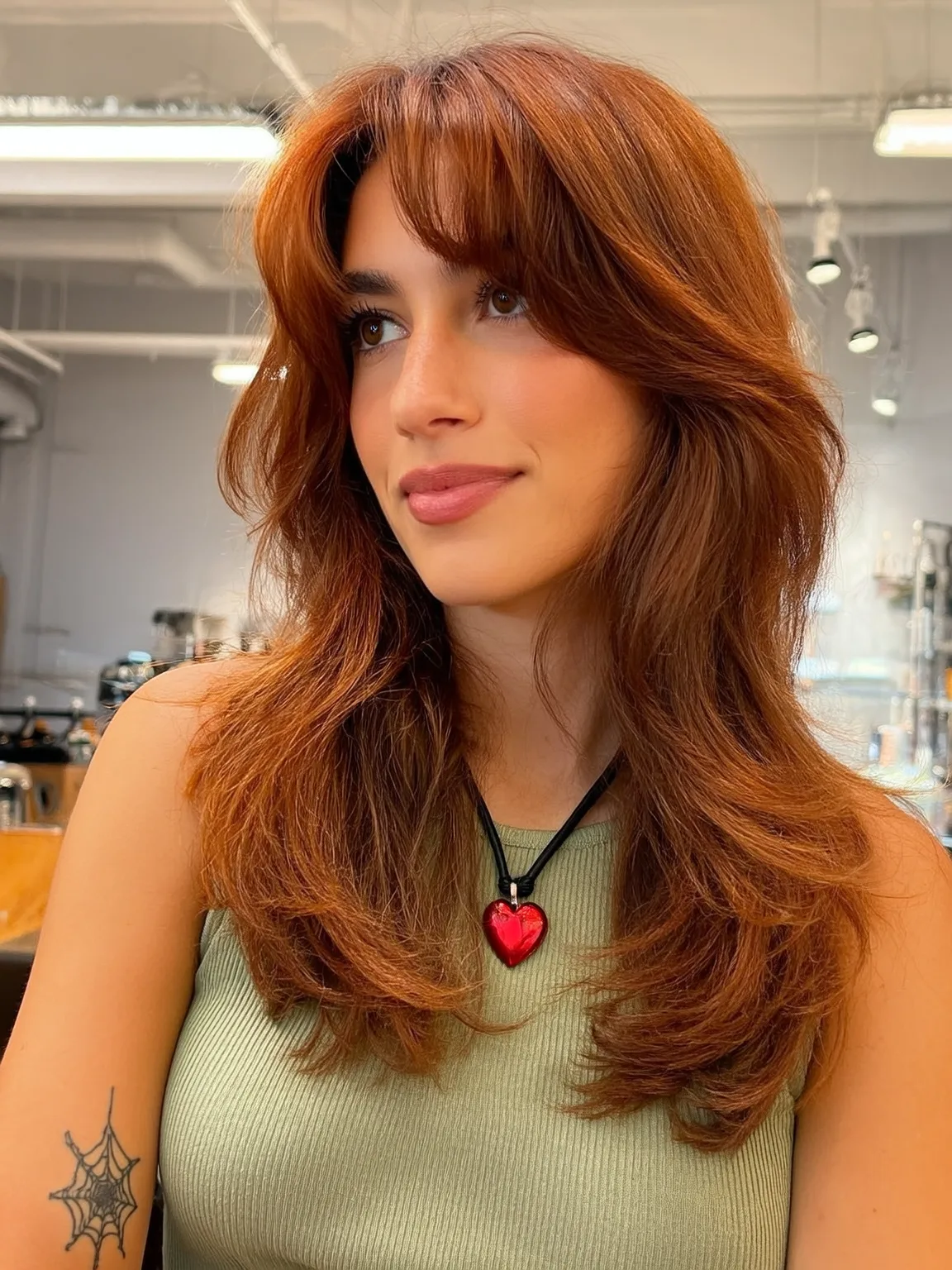 Voluminous Copper Red Wavy Layered Cut with Curtain Bangs